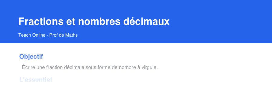Aperçu : haut de la première page — Fractions et nombres décimaux