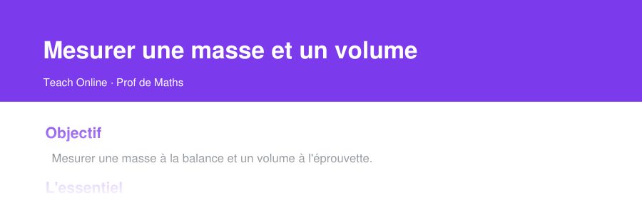 Aperçu : haut de la première page — Mesurer une masse et un volume