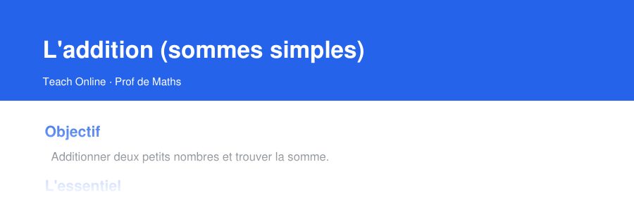 Aperçu : haut de la première page — L'addition (sommes simples)