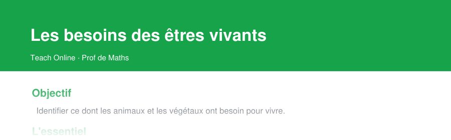 Aperçu : haut de la première page — Les besoins des êtres vivants