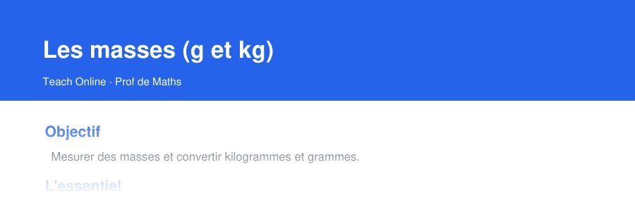 Aperçu : haut de la première page — Les masses (g et kg)