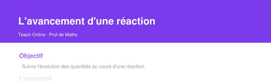 Aperçu : haut de la première page — L'avancement d'une réaction