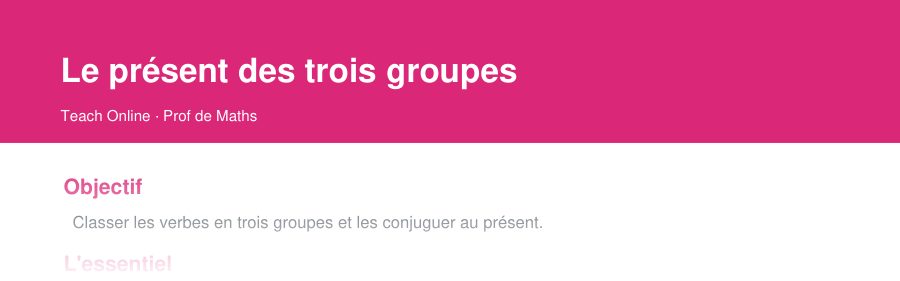 Aperçu : haut de la première page — Le présent des trois groupes