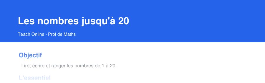 Aperçu : haut de la première page — Les nombres jusqu'à 20