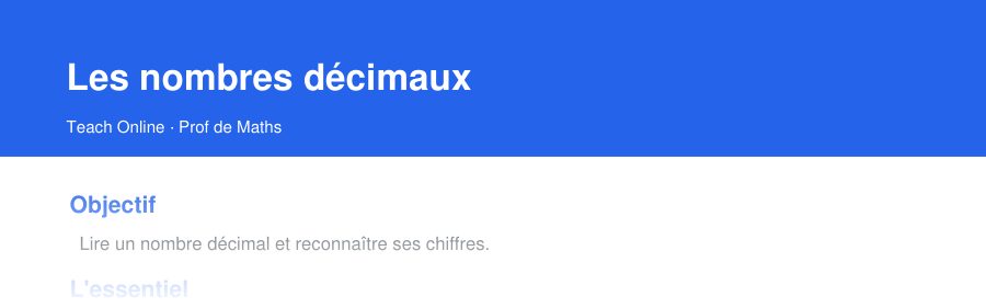 Aperçu : haut de la première page — Les nombres décimaux