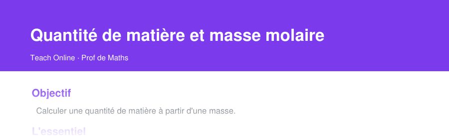 Aperçu : haut de la première page — Quantité de matière et masse molaire