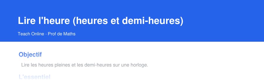 Aperçu : haut de la première page — Lire l'heure (heures et demi-heures)