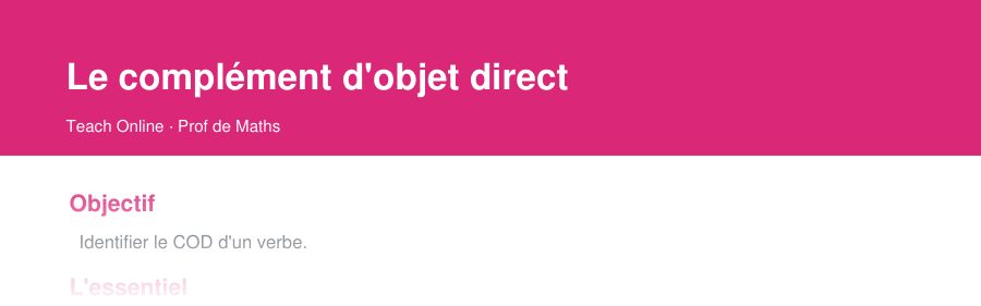 Aperçu : haut de la première page — Le complément d'objet direct