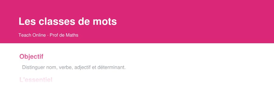 Aperçu : haut de la première page — Les classes de mots
