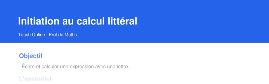Aperçu : haut de la première page — Initiation au calcul littéral