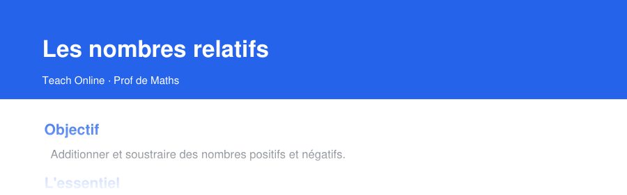 Aperçu : haut de la première page — Les nombres relatifs